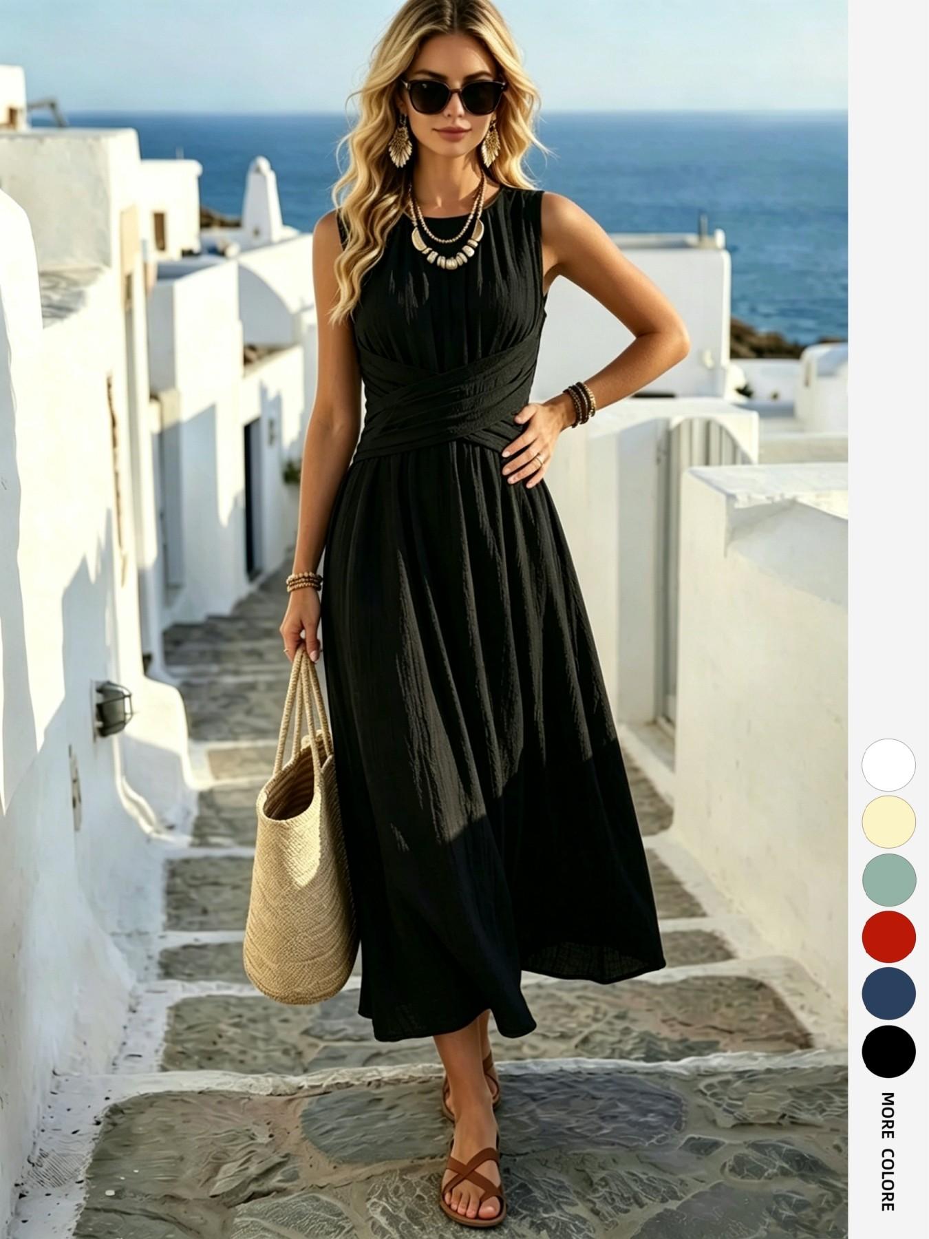 Boho Style Lightweight Sleeveless Midi Dress, Loose Fit Casual Daily Wear, Summer Women's Dress