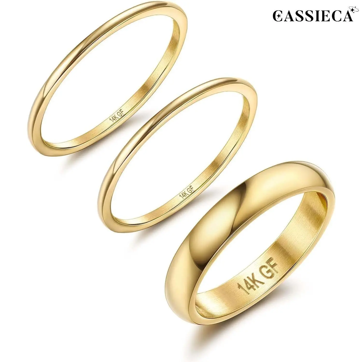 CASSIECA 14K Plated Gold Filled Rings for Women Girls Stacking Rings Stackable Thin Gold Rings Simple Plain Pinky Thumb Statement Band Ring Comfort Fit 3Pcs 1mm 3mm, Geometric, Thin Bands Sohochic