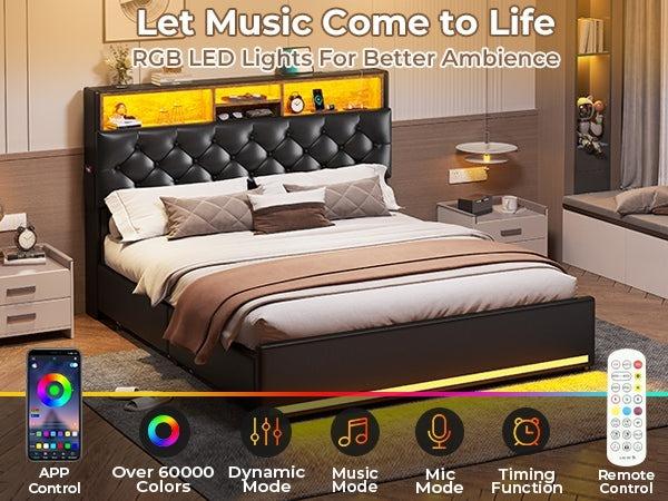 Sikaic Upholstered Platform Bed Frame with LED Lights & Charging Station Hidden Storage Headboard and 4 Drawers PU Black