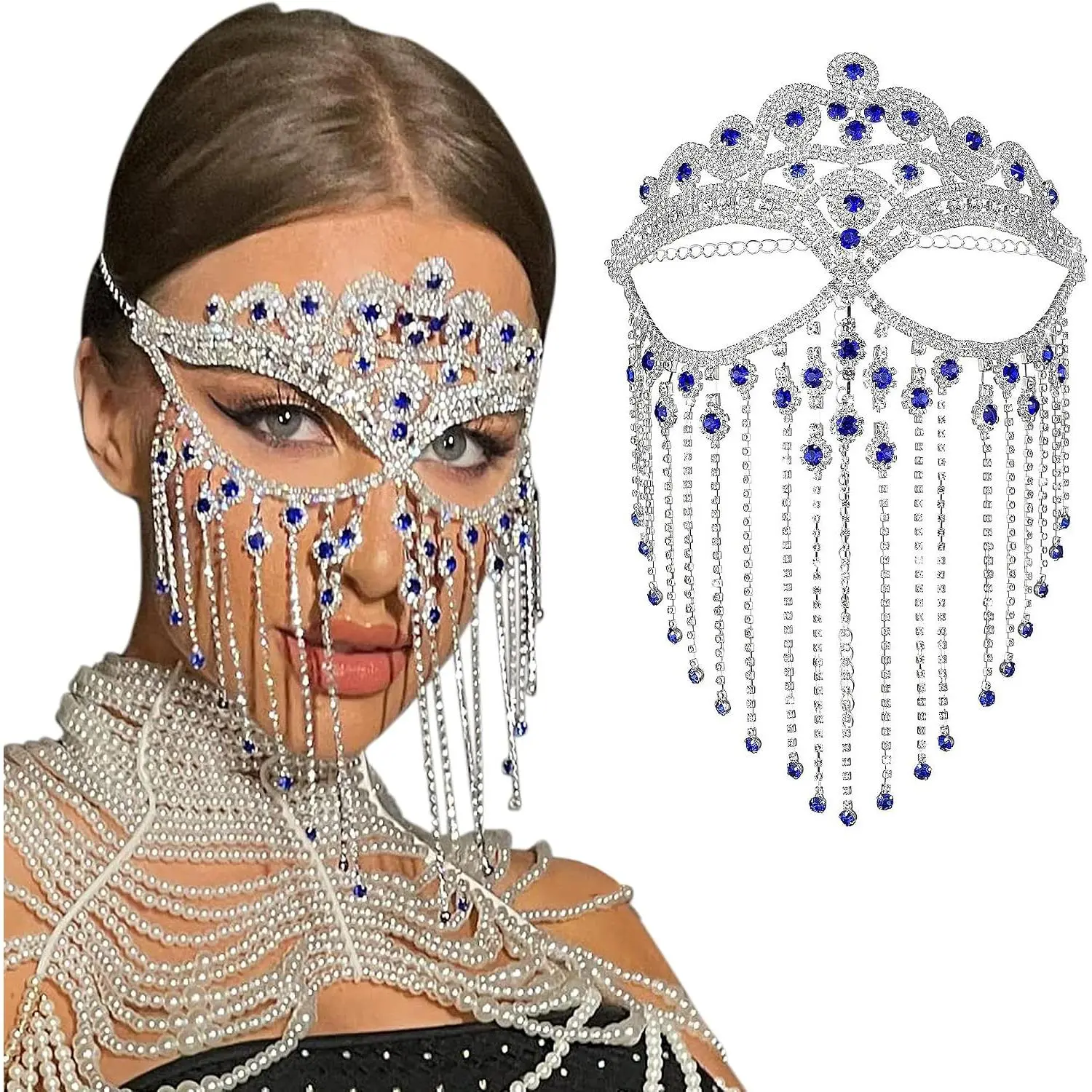 Women's Bedazzled Crystal Face Mask with Gems - Face Chain Masquerade Mask for Costume Wear, Parties, Accessories for Women, Bedazzled Face Mask