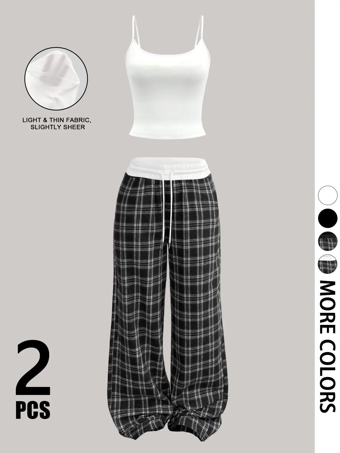 Women's two-piece loungewear set, adjustable strap fitted cropped camisole with vintage plaid wide-leg drawstring pants, casual home pajama set, a must-have for stylish autumn outfits #OOTD #PajamaSet