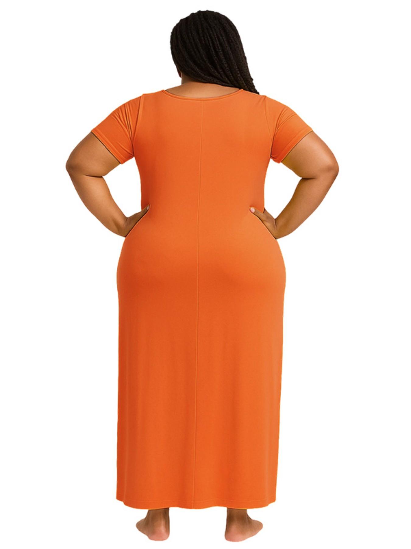 Plus Size Women's Solid Color Dress, Sexy Round Neck Short-Sleeved Long Dress, European and American Summer New Arrival, Casual Style