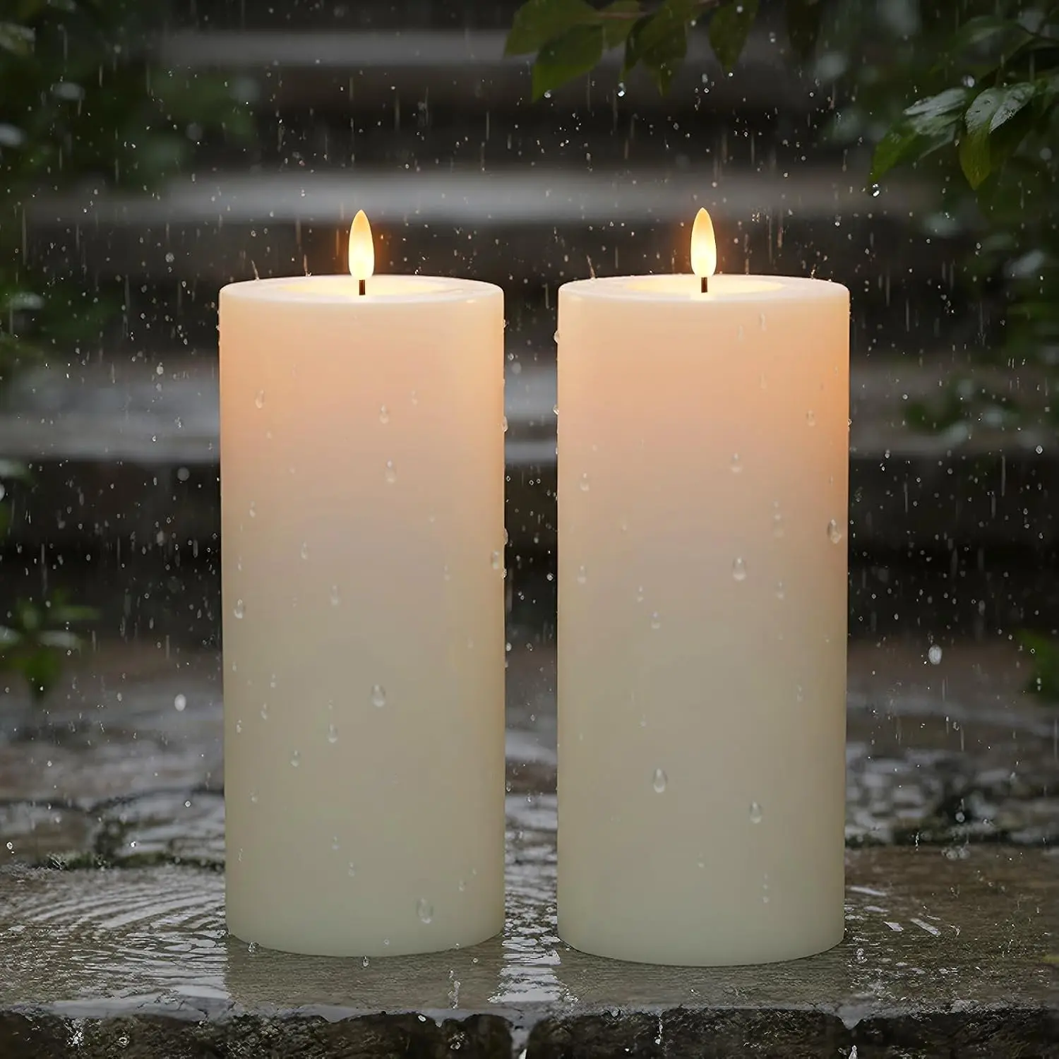 Large Outdoor Flameless Candles, Waterproof LED Pillar Candles 4"x10" 2Pc. | Battery operated candles with remote timer, realistic flickering flame, candles for patio, porch, lantern & Halloween decor