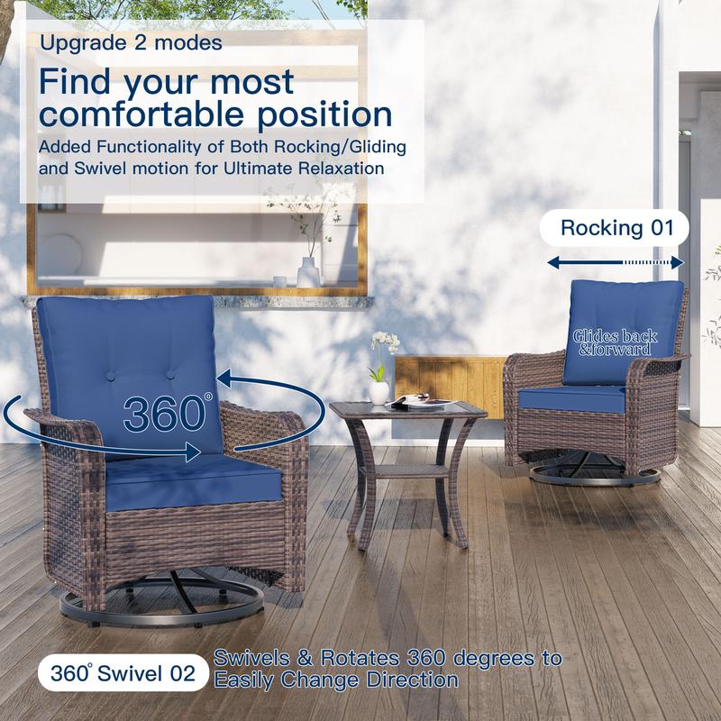 Kullavik 3 Pieces Patio Furniture Set with 4-inch Thick Cushion,360 Degree Swivel Rocking Chairs and Rattan Side Table for Garden,Porch,Backyard