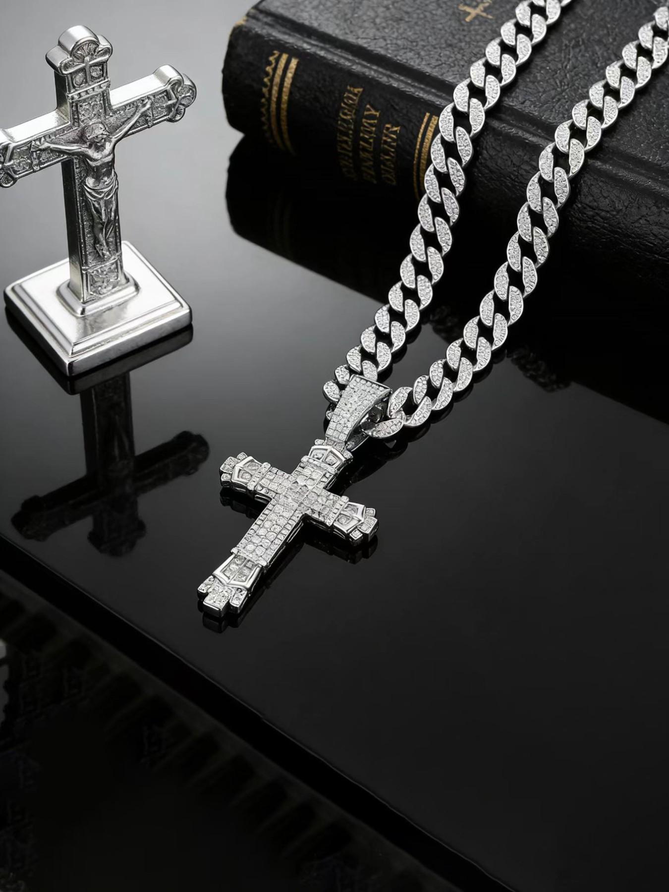 Rhinestone Decorated Cross Pendant Necklace, Cross Necklaces, Cuban Link Chain, Fashion Jewelry for Party, Daily Wear Accessory, Trendy Versatile Jewelry for Birthday Gifts, Fashionable Jewelry Accessories