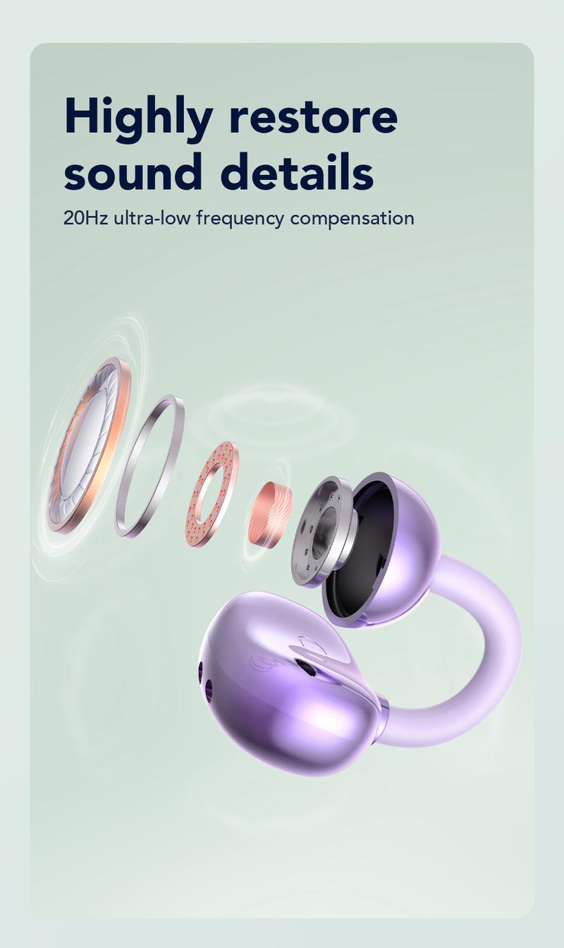 HTC NE54 Clip-On Ear Headphones Bluetooth 6.0 Full Color Touch Screen Wireless Audio Headphones IPX5 Waterproof Sports Headsets Noise Reduction Built-in Microphone for Music & Phone Calls