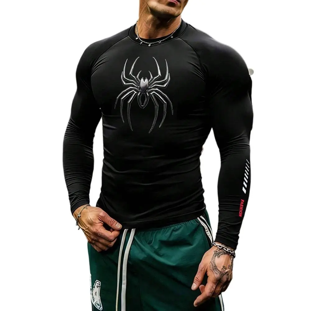 European American Graphic Print Mens Long Sleeve Compression Tee Quick Dry Slim Fit Cycling Running Fitness Casual Athletic Top