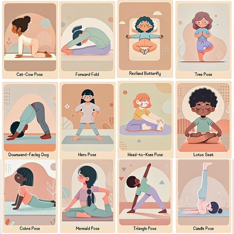 24 Yoga Pose Cards, Fun Cartoon Yoga Flashcards, Rounded Corners, Colorful Print, Ideal for Yoga Classes, Home Education, School