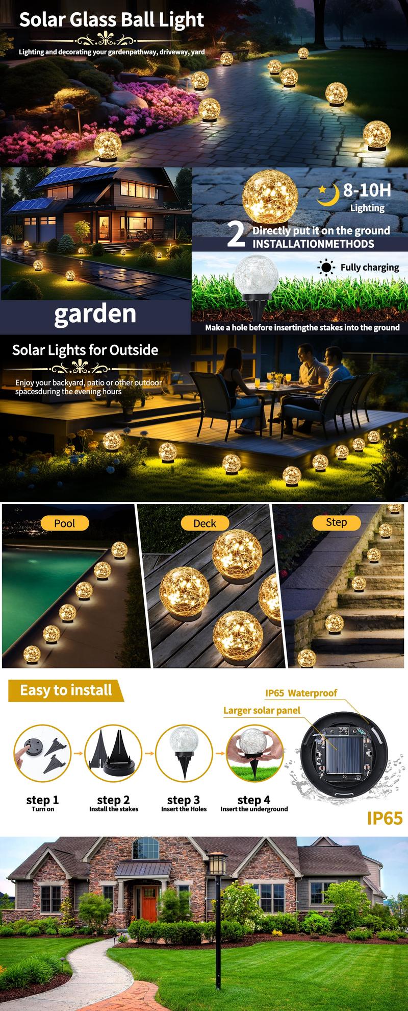 Solar Globe Lights Outdoor Waterproof-Solar Balls for Garden-Cracked Glass Ball Solar Lights Outdoor-Solar Orbs for Outside-Outdoor Decorations for Patio and Yard Lawn Backyard Decor