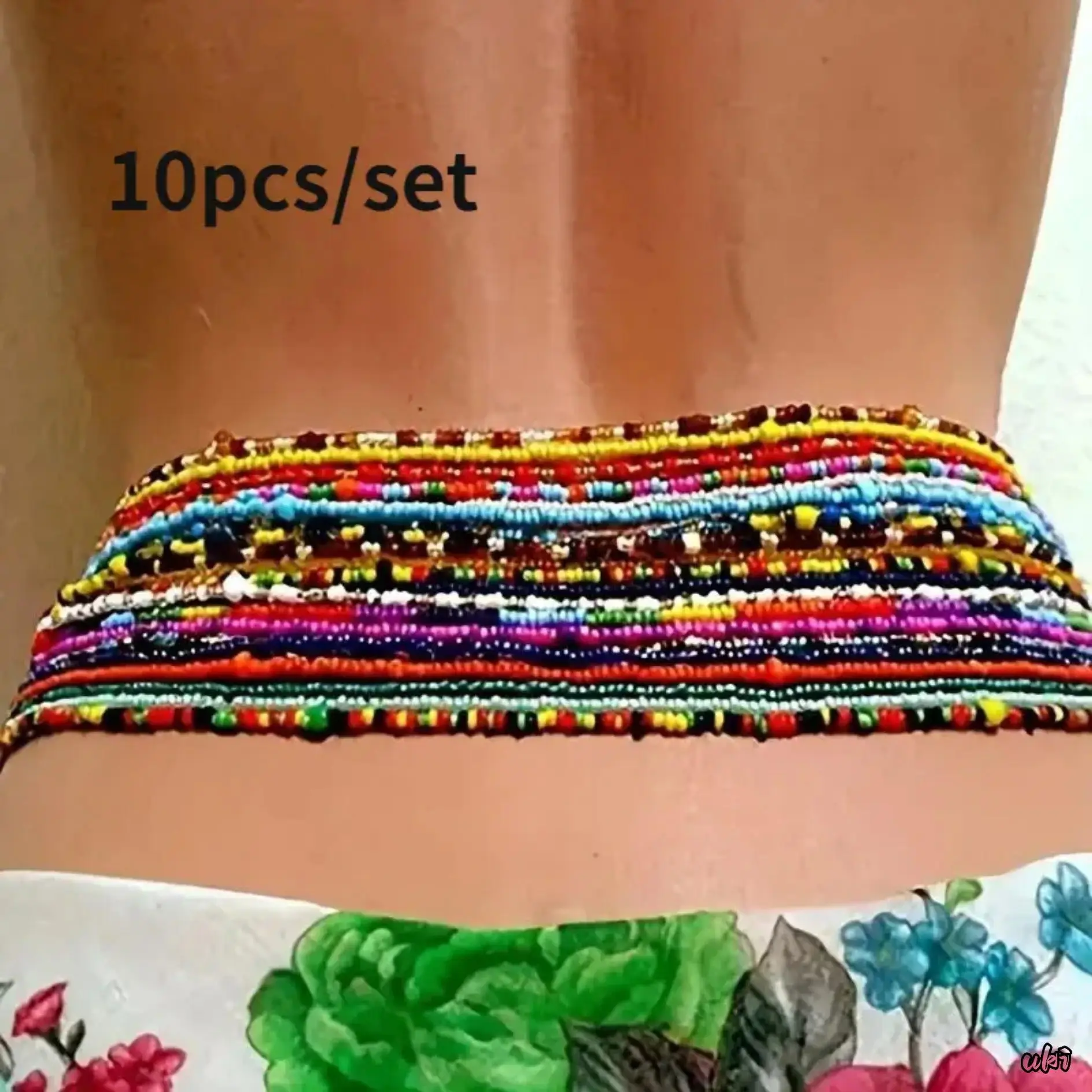 10-Piece Women Multi-Layer Handmade Rice Bead Waist Bead Chain Set, Vintage Boho Lightweight Comfortable Body Jewelry With Vibrant Glossy Bead Ornaments