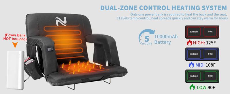 Lilypelle Heated Stadium Seats Bleacher Seat with Back Support & Arm Armrest, Portable 6 Reclinng Positions Stadium Chair for Sports Events, Outdoors（Power Bank is Not Included）