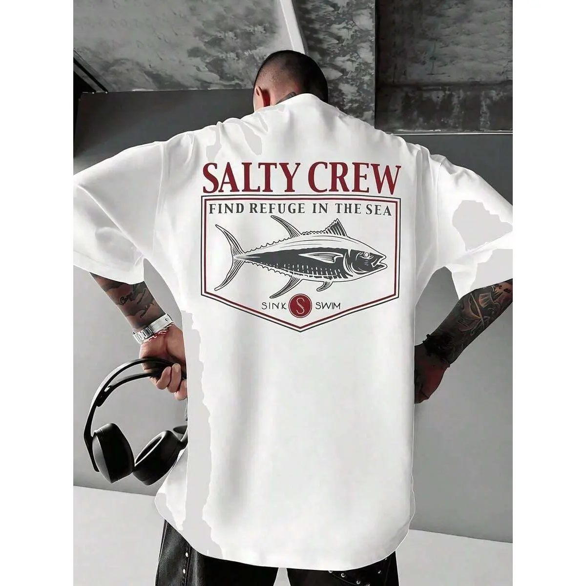 Salty Crew Red And White Graphic Loose Fit Oversized Tee, Oversize Men Cotton Crew Neck Streetwear Summer Top