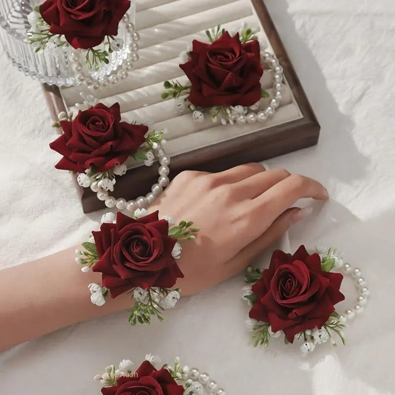 Wedding Wrist Corsage Set - 6Pcs Rose & Baby's Breath Chain, High-End Elegant Floral Add-Ons, Premium Bridal Accessory for Formal Events