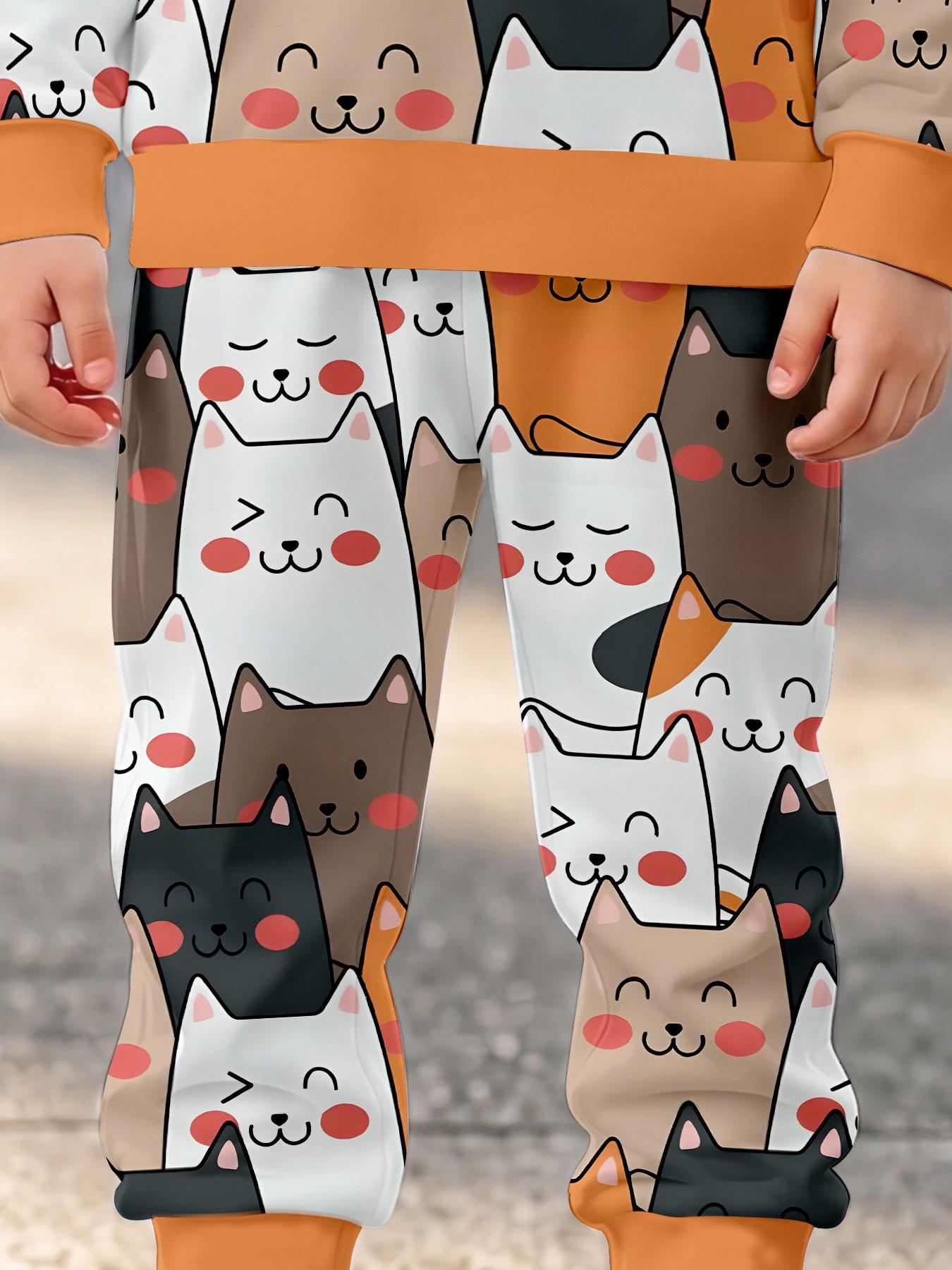 Full Color Cartoon Cat Print Sweatpants Set, Ribbed Hem, Unisex Kids' Long Sleeve Loose Fit, Fall & Winter Casual Suit