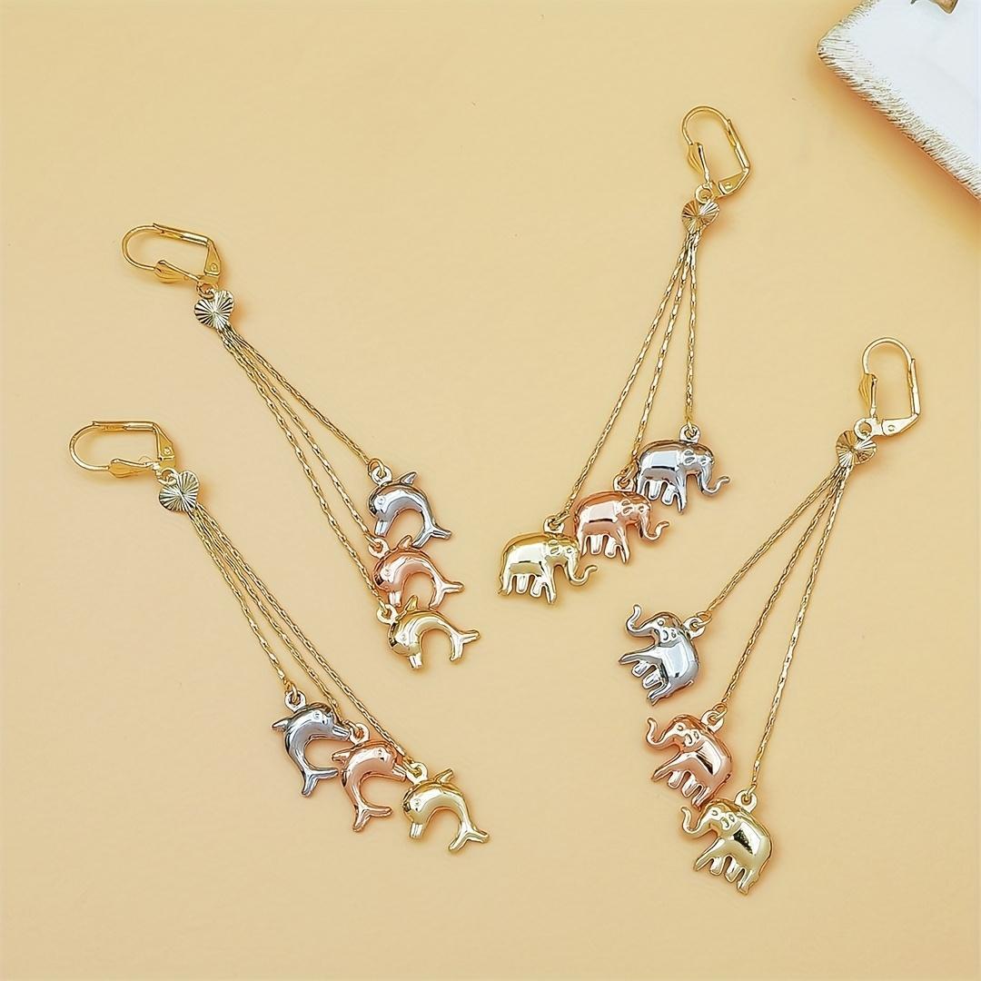 Women's Polished Copper Alloy Dangle Earrings - 3-Tone Elephant-Dolphin Charm Multi-Chain Tassel Ear Jewelry, Lightweight Elegant Craft for Wedding, Daily Casual Use (Sports & Outdoor Accessory Complement)