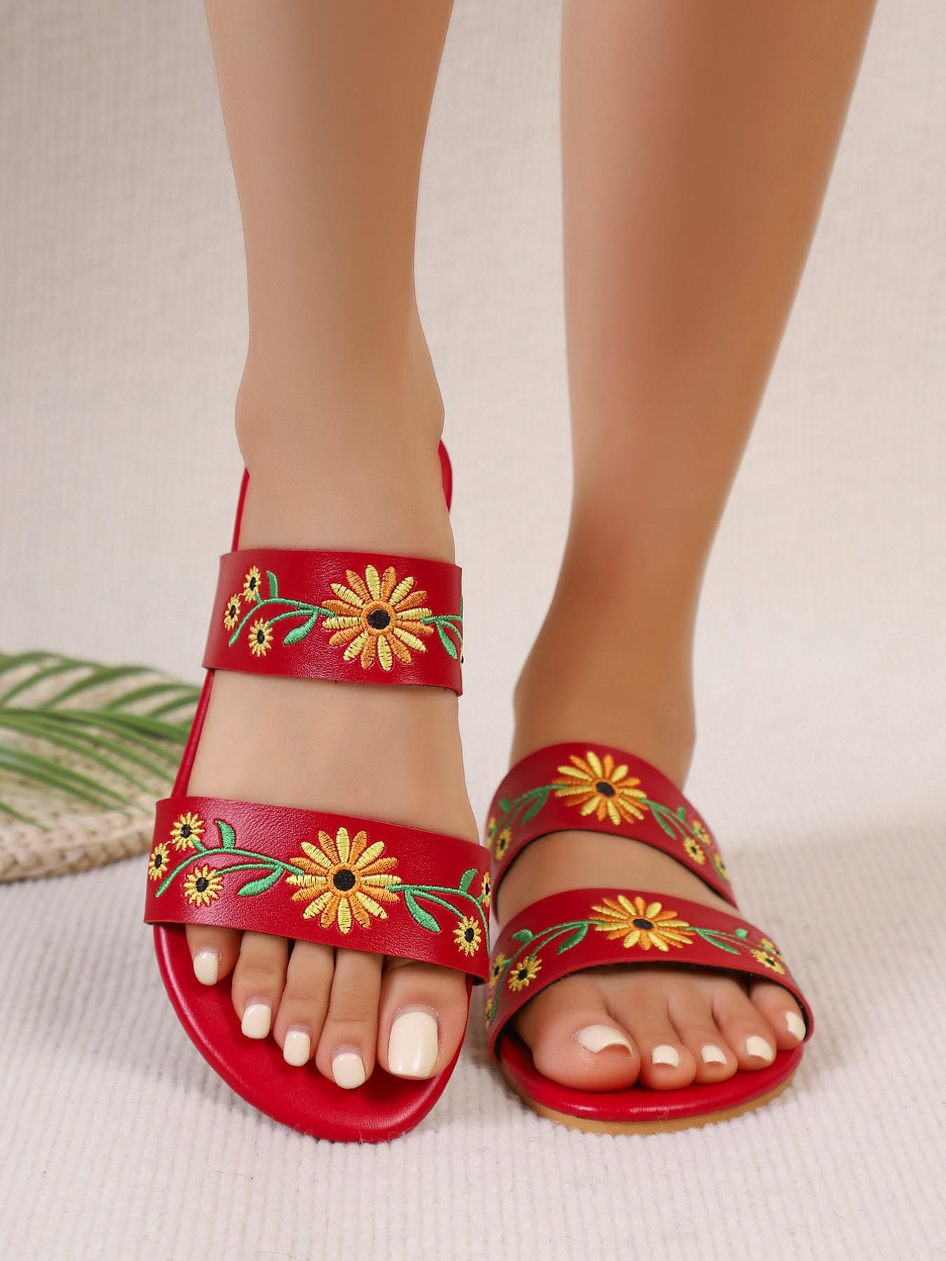 Ethnic Sunflower Embroidered Sandals, Soft Sole Comfortable Flip Flops, Multi-Color Options, Beach Vacation Casual Shoes