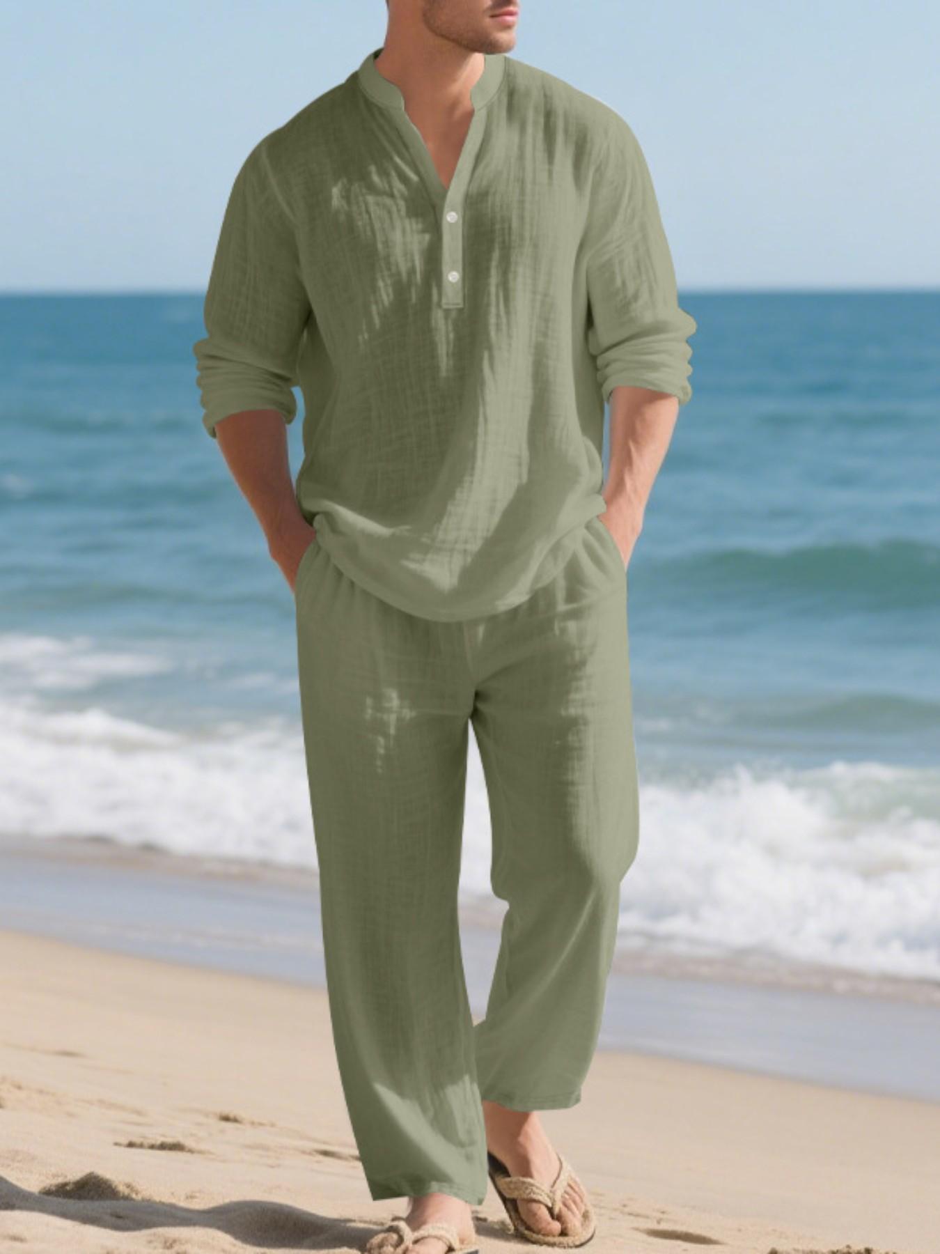 Men's Casual Linen Outfit, Loose-fit Henley Neck Long Sleeve Shirt and Pants, Comfortable and Fashionable Co-ord Set for Tropical Summer, Suitable for Beach, Vacations and Daily Wear Top