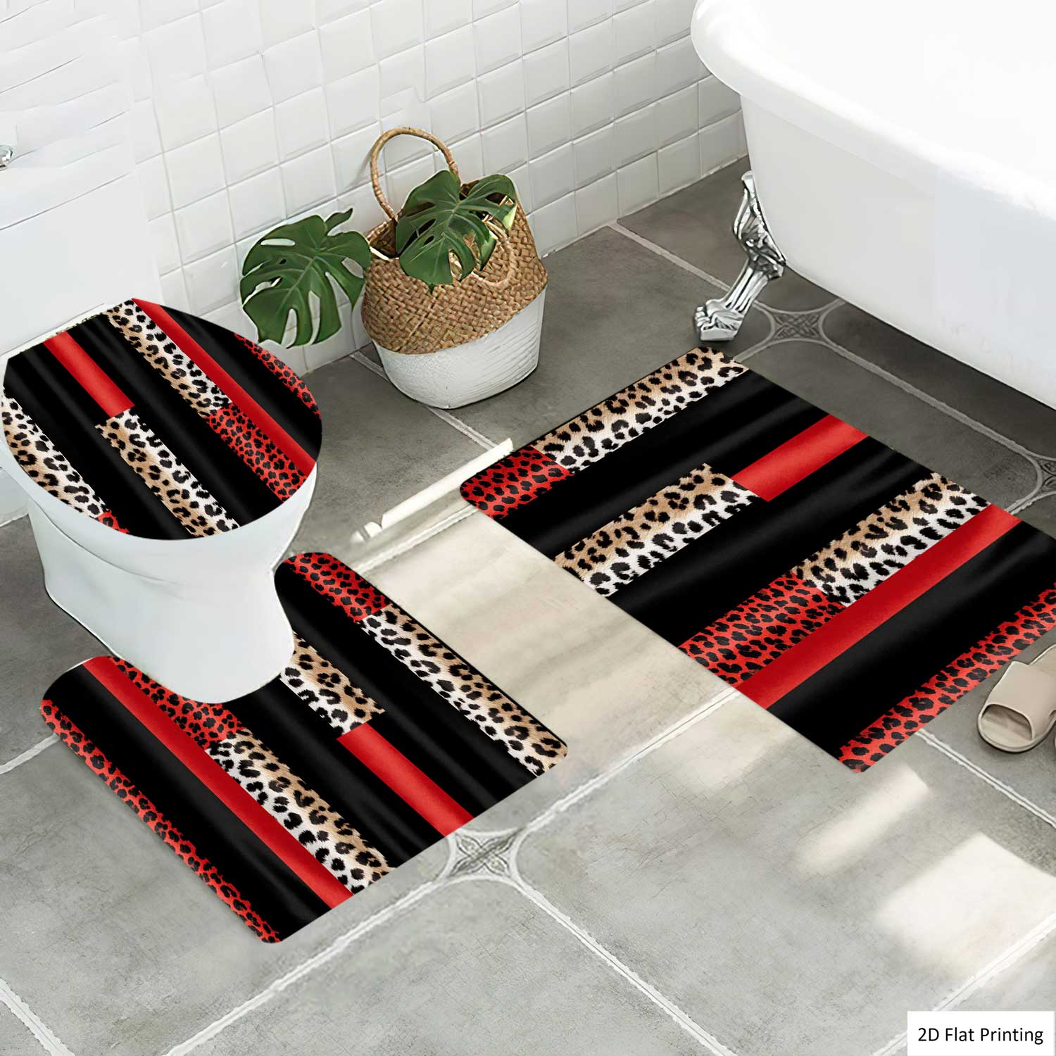 1/4PCS LEOPARD PRINTED IN RED AND BLACK Shower Curtain Set with Rugs, Non Slip Bath Mat, U-Shape Carpet, Toilet Lid Cover, Bathtub Curtain Accessories, 12 Hooks, Home Bathroom Festival Decor