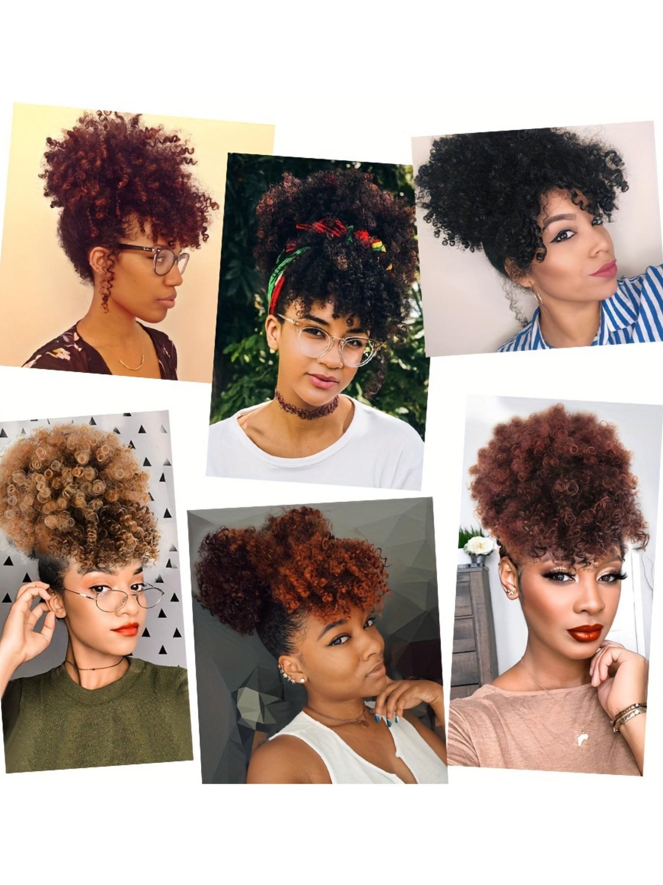 Women Drawstring Hair Bag, African Loose Curl Ponytail Extension, Bangs Flower Braid Style, High Crown Heat Resistant Fiber Wig Piece