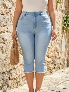 【Plus Size】Women's Capri Jeans, Light Womenswear Casual Comfy Denim Capri Pants for Daily Wear, Women's Bottoms for Summer