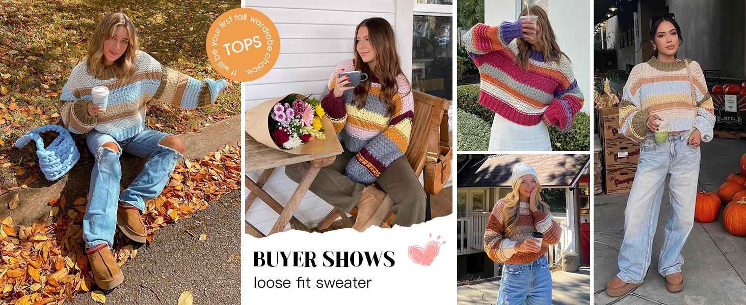 Saodimallsu Womens Color Block Sweater Striped Chunky Knit Cropped Sweaters Crewneck Fall Long Sleeve Loose Pullover Tops Casual Knitwear