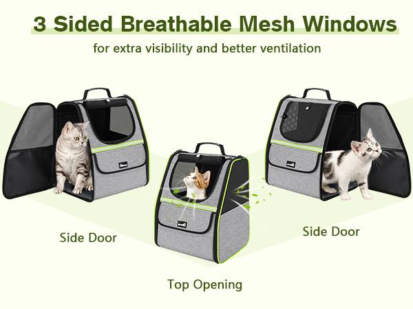 Pecute trapezoidal cat backpack, comfortable travel, well-ventilated, available in black and grey.