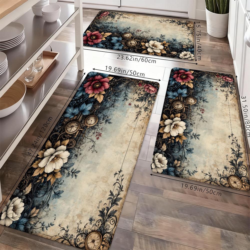 Vintage Steampunk Floral Kitchen Rug Set, Retro Victorian Flower Clock Non-Slip Washable Floor Mats, Aesthetic Botanical Runner Rugs for Kitchen, Living Room & Home Decor