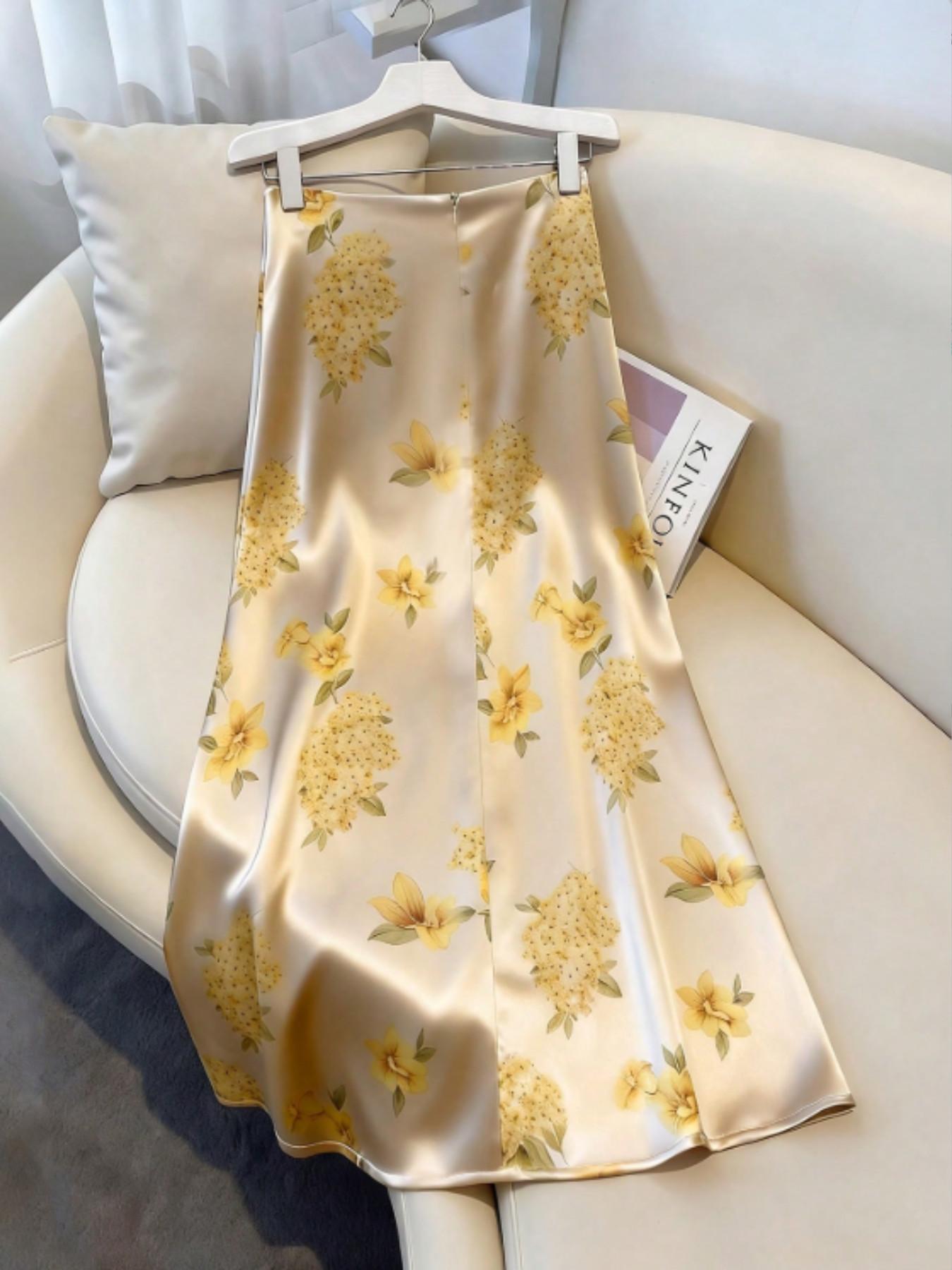 Elegant Champagne Floral Fish Tail Midi Dress, High Waist Flowy Satin Print Skirt, Medium-Length Bodycon Long Dress