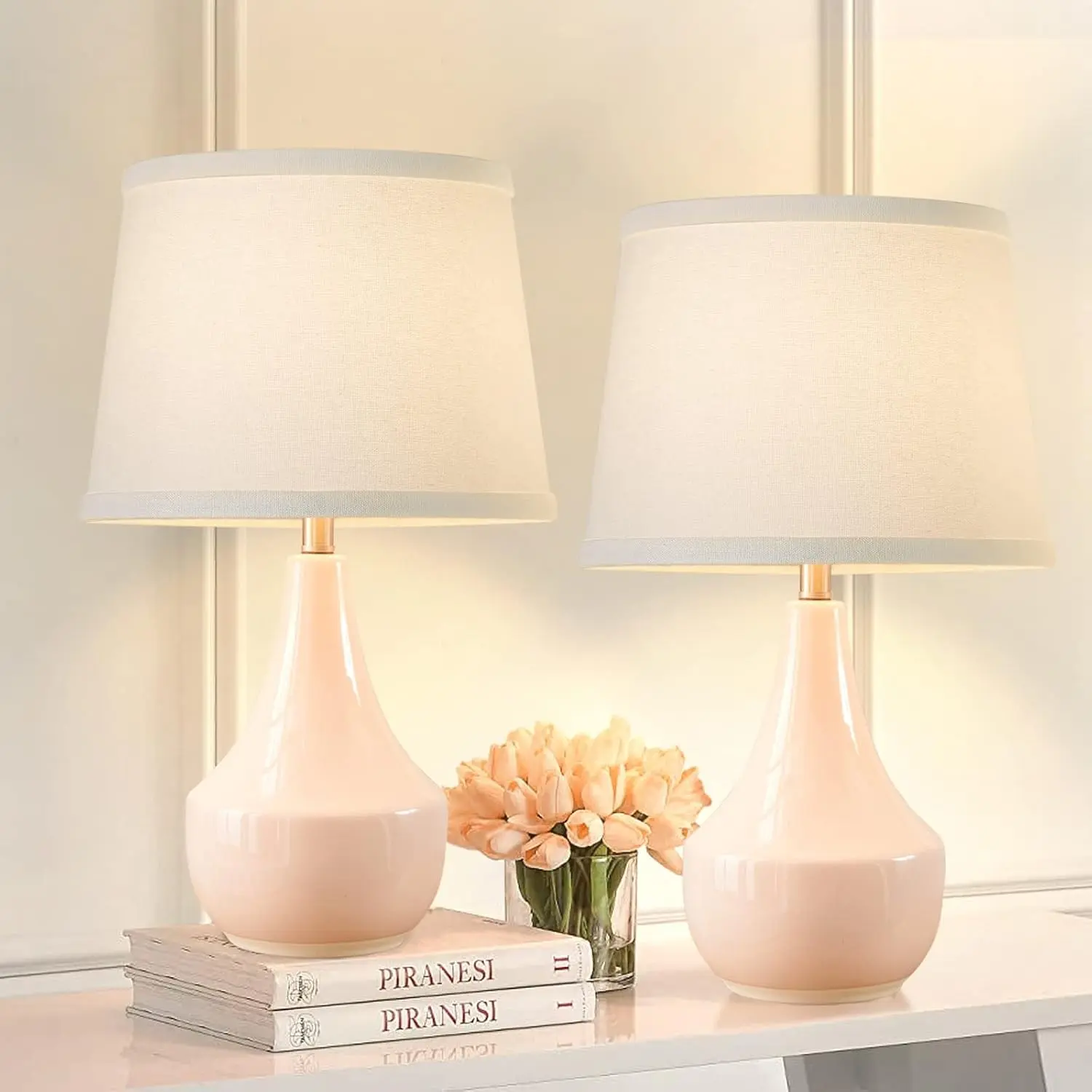 18" Table Lamp Set of 2, Ceramic Lamp Classic Beside Lamps Nightstand Lamp Modern Bedside Lamp for Living Room, Bedroom & Office Rocker Switch Pink-LED Bulbs Included