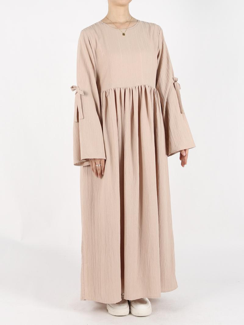 Women's Plain Bow Decor Flounce Sleeve Pocket Smock Dress, Casual Long Sleeve Round Neck Zipper Back Dress for Daily Wear, Ladies Clothes for All Seasons