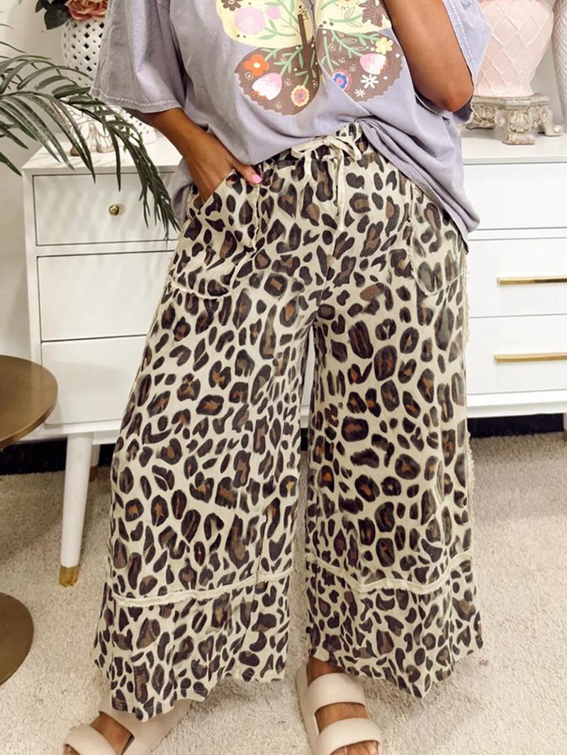Hotapei Spring Autumn Casual Loose Leopard Print Wide Leg Nine-Quarter Pants, Casual Chic Bottoms, Comfortable and Stylish Women's Fashion Trousers