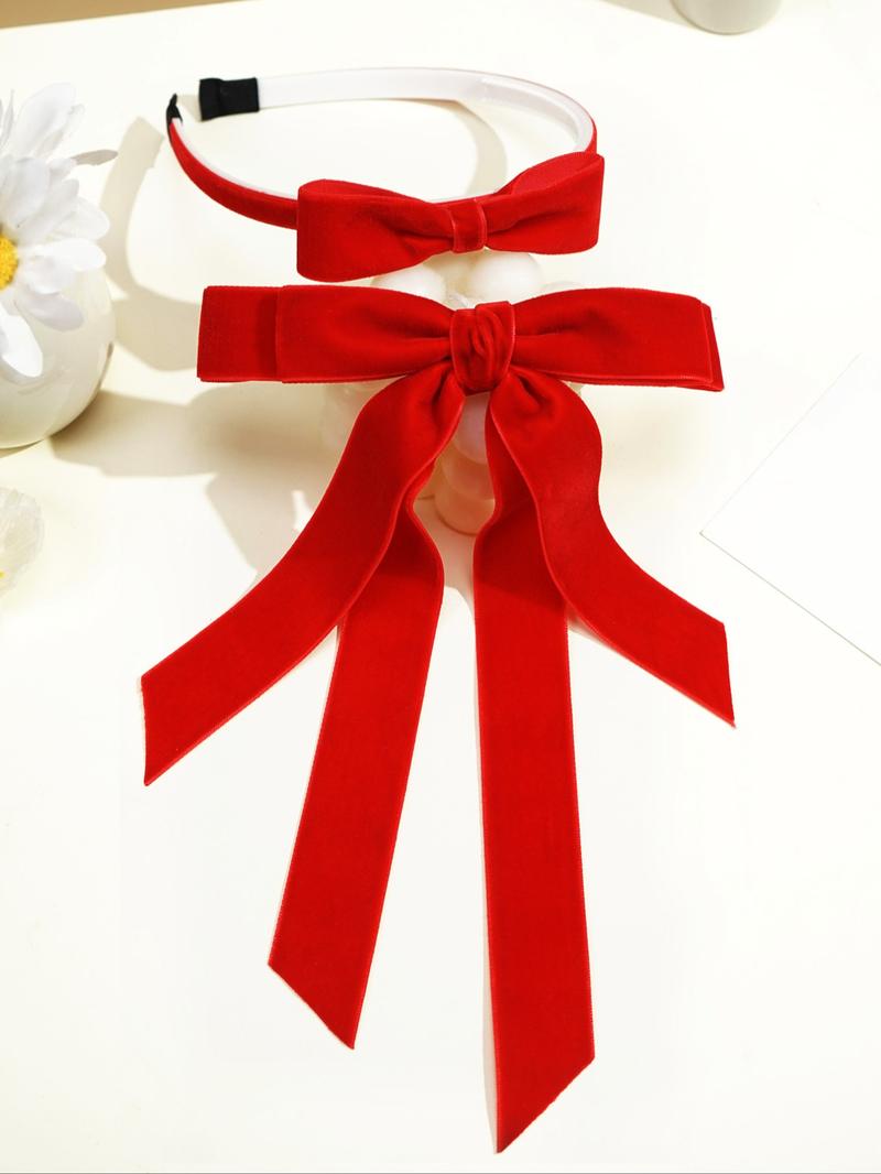 2-Piece Red Velvet Christmas Hair Bow Set for Mom & Daughter, Matching Luxury Headband & Alligator Clip,  Holiday Photo Outfit Accessories, Newborn Toddler Girls Women Xmas Gift, Hair Bows Headbands