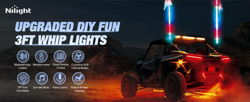Nilight 2PCS 3FT RGB LED Whip Light, Remote & App Control w/DIY Chasing Patterns Stop Turn Reverse Light Safety Antenna Lighted Whips for ATV UTV Polaris RZR Can-am Dune Buggy Jeep dealsforyoudays