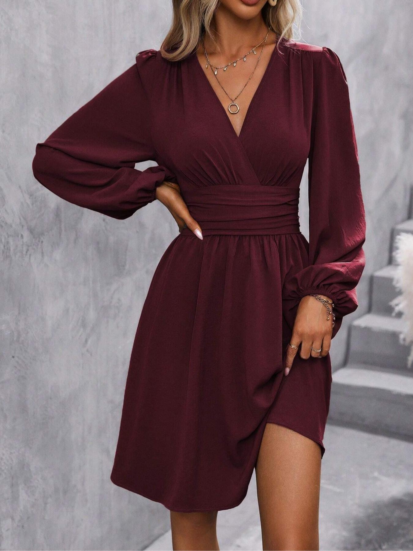 Women's Plain Deep V Neck Dress, Casual Bishop Sleeve A Line Dress for Spring & Fall, Women's Clothing for Daily Wear, Womenswear