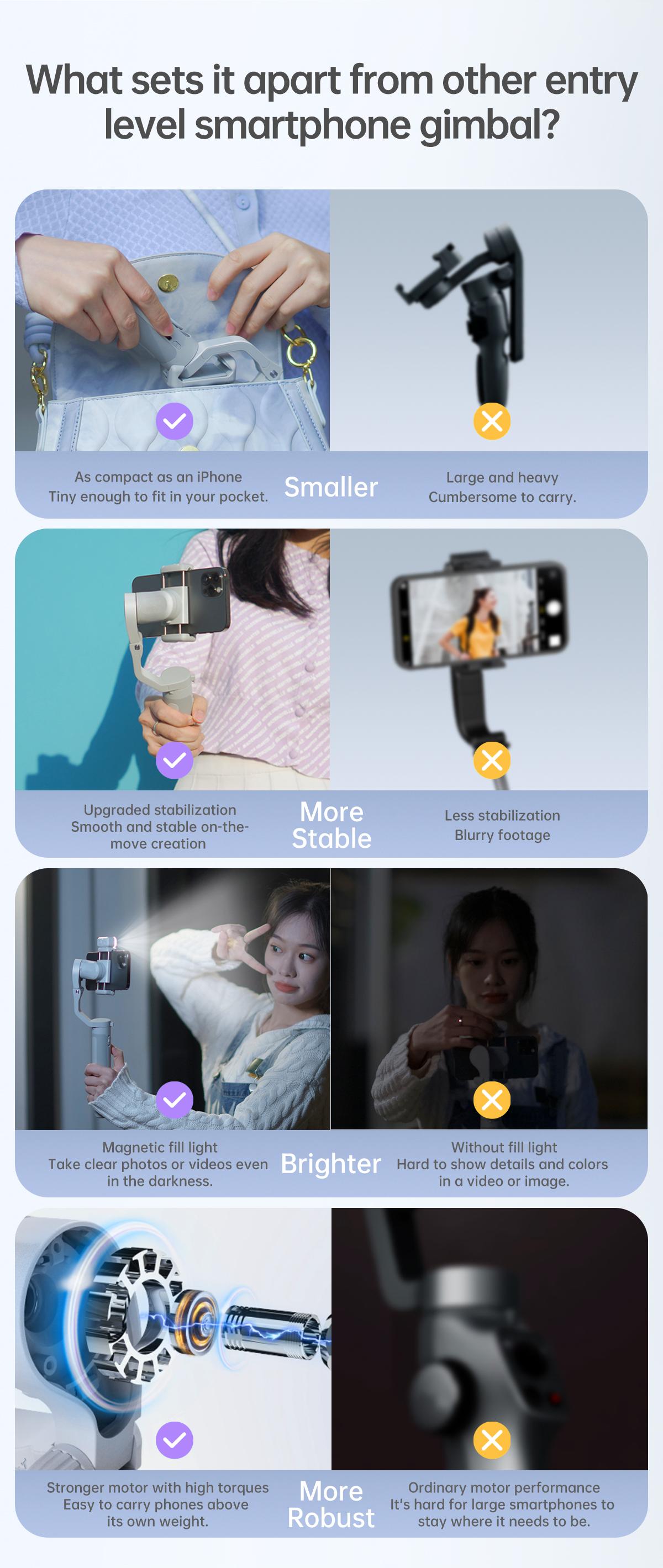 Hohem iSteady XE Kit Gimbal Stabilizer for Smartphone, 3-Axis Gimbal for iPhone 17 series & Android with Magnetic Adjustable Fill Light, Portable & Foldable Stabilizer for Video Recording