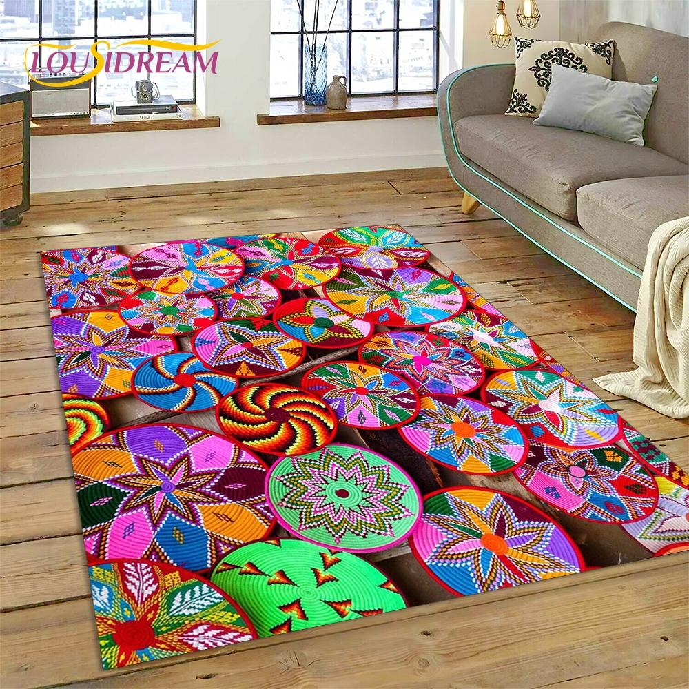 Colorful Crochet Mandala Flannel Area Rug - Boho Ethnic Woven Pattern Print Soft Mat for Living Room, Non-Slip Bohemian Home Decor #BohoMandalaRug #ColorfulCrochetMat #EthnicHomeDecor #2DWovenCarpet #NonSlipFlannelRug