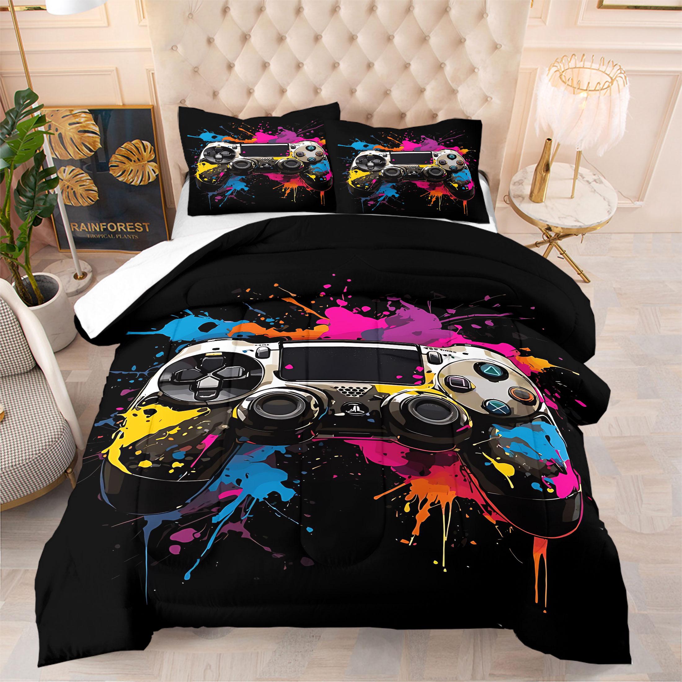 Street Graffiti Game Controller Comforter Set,Includes 1 Comforter & 1-2 Pillowcases,Neon Gamer Themed Print Bedding Set,Soft Breathable All-Season Gamer Bedding,for Teen Boys Bedroom Gamer Room Dorm Decor,Perfect Gift for Video Game Lovers