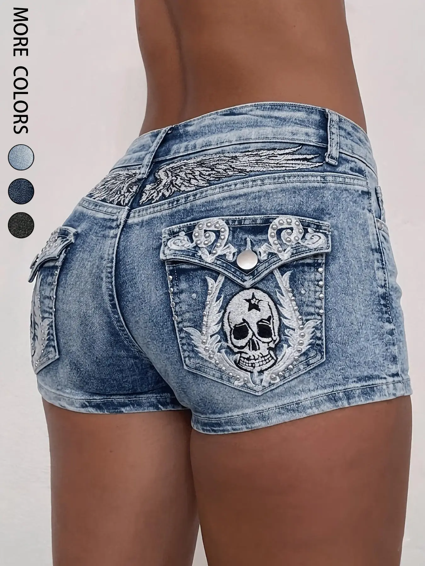 Women's Y2K Retro Wing & Skull Embroidery Low Waist Ultra-Short Denim Shorts, Crop Denim Shorts, Casual Fashionable Shorts, Stylish and Trendy Design, Perfect for Casual Wear