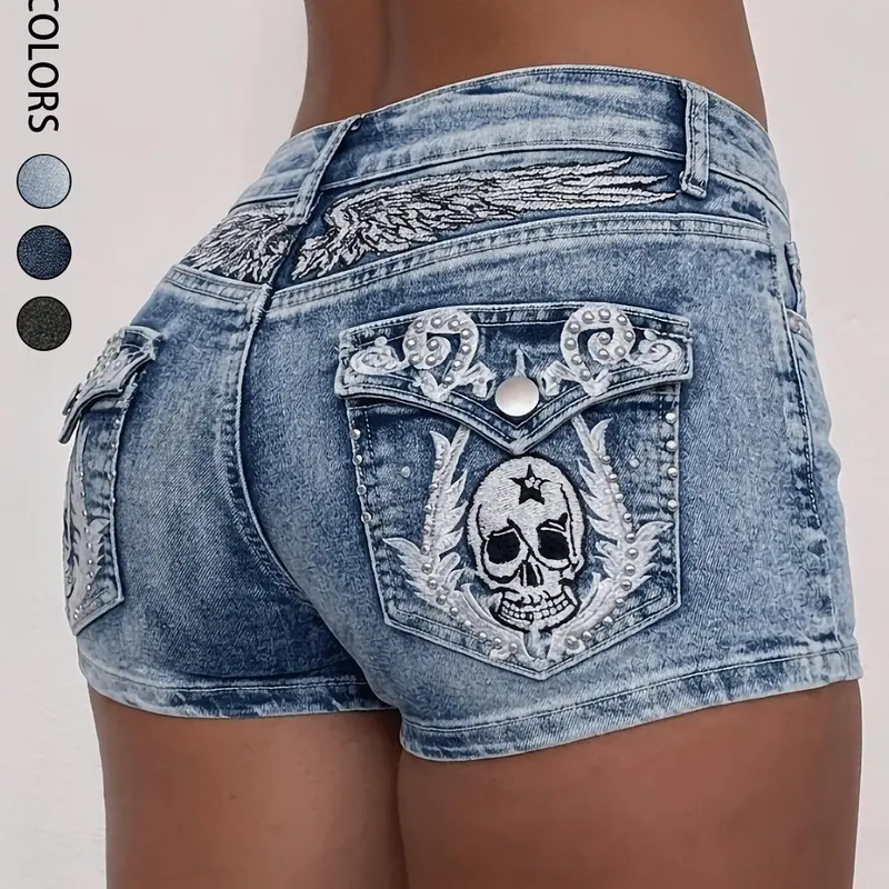 Women's Y2K Retro Wing & Skull Embroidery Low Waist Ultra-Short Denim Shorts, Crop Denim Shorts, Casual Fashionable Shorts, Stylish and Trendy Design, Perfect for Casual Wear