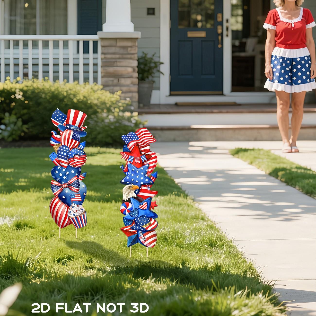 2pcs 4th of July Yard Signs with Stakes, Patriotic American Flag Themed Lawn Decorations, Waterproof Independence Day Outdoor Signs
