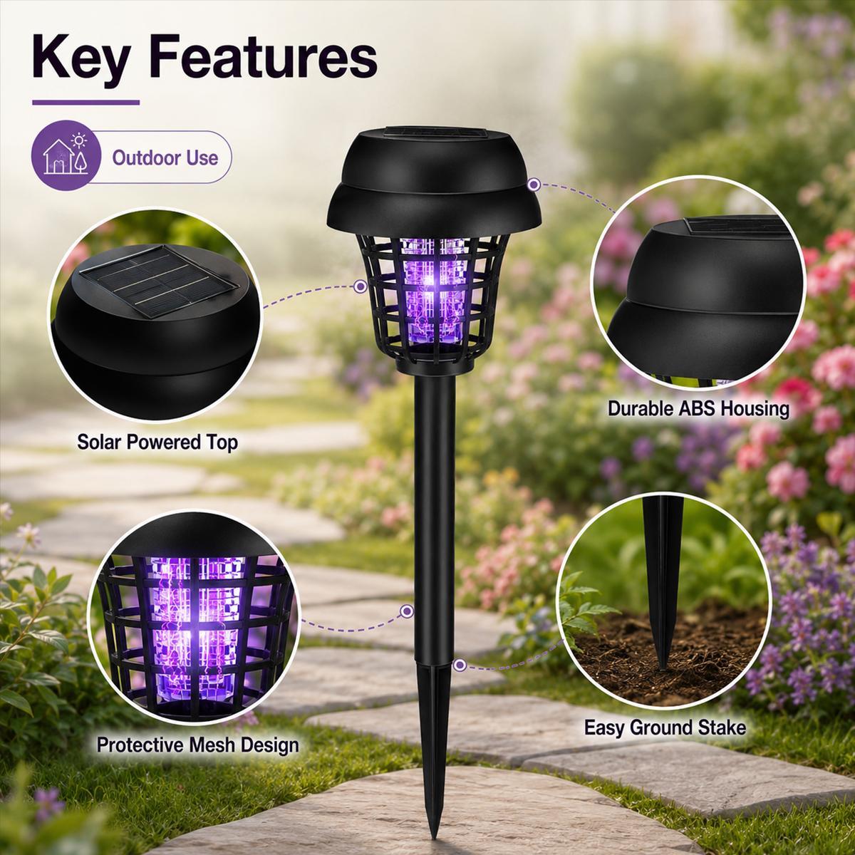 4PCS Solar Bug Zapper Lights Outdoor, 2-in-1 Mosquito Killer and Garden Pathway Lights, Waterproof Solar Powered Insect Trap with Auto Dusk to Dawn Lighting, Cordless Fly, Gnat and Moth Control for Backyard, Patio, Lawn, Camping and Outdoor Living