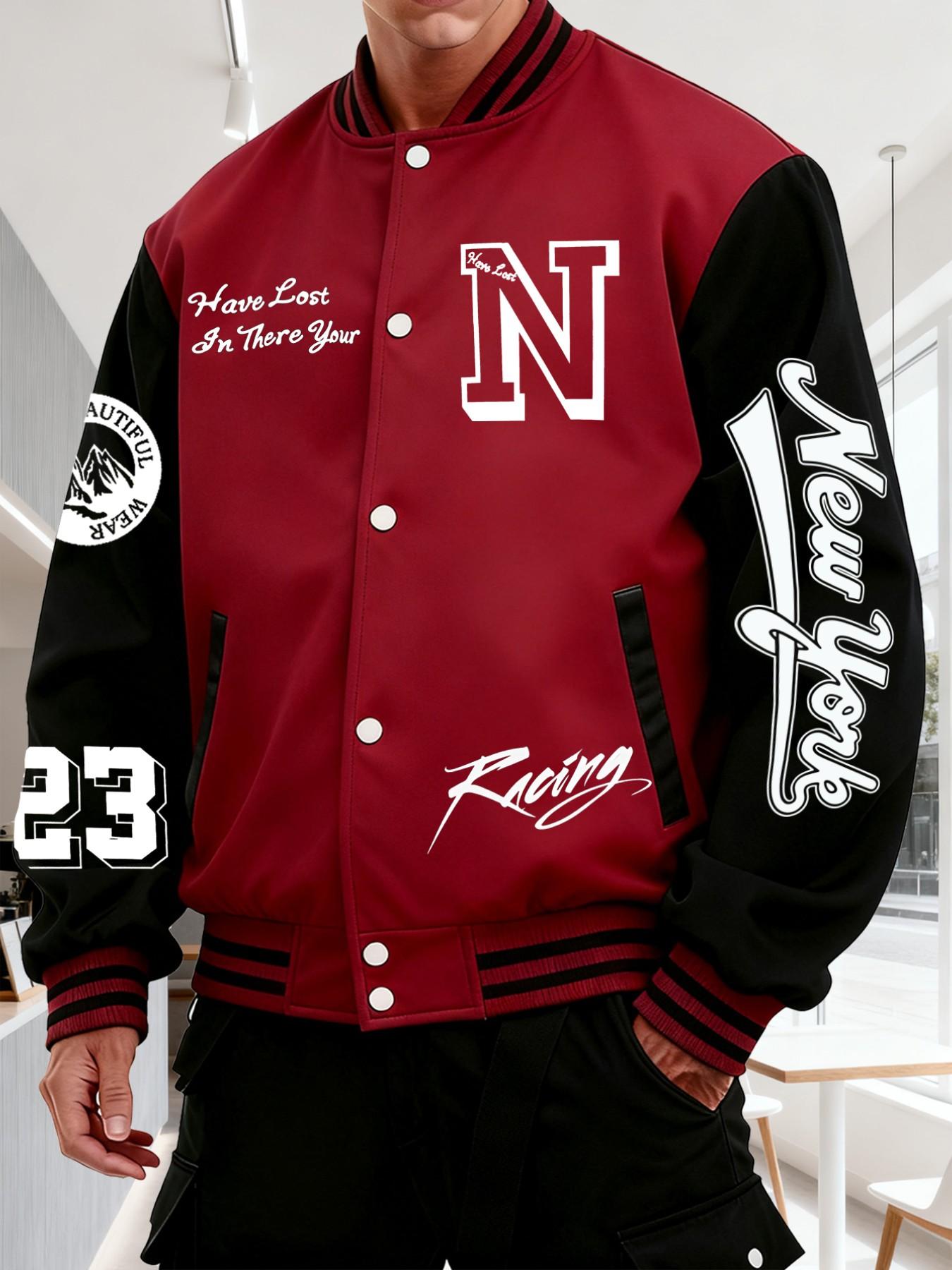 Men's Baseball Jacket N Letter Print, Button Closure Stretchable Fabric, Casual Daily Wear, Pockets, Long Sleeve, Comfortable Lining