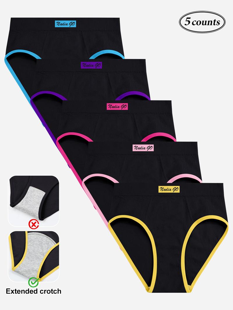 Women's Seamless Panties Fashion Colorblock Triangle Underwear, Breathable Extended Leg Opening, Pack of 5, Comfortable Ladies' Lingerie