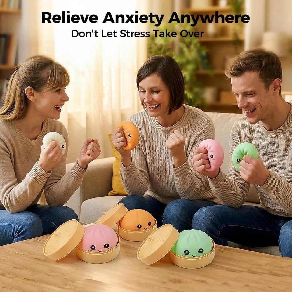 Large Dumpling Stress Ball with Steamer Colorful Squishy Bun Sensory Toy for Anxiety Relief, Squeeze Dough Ball for Adults&Kids Boys and girls gift stress ball decompression tool
