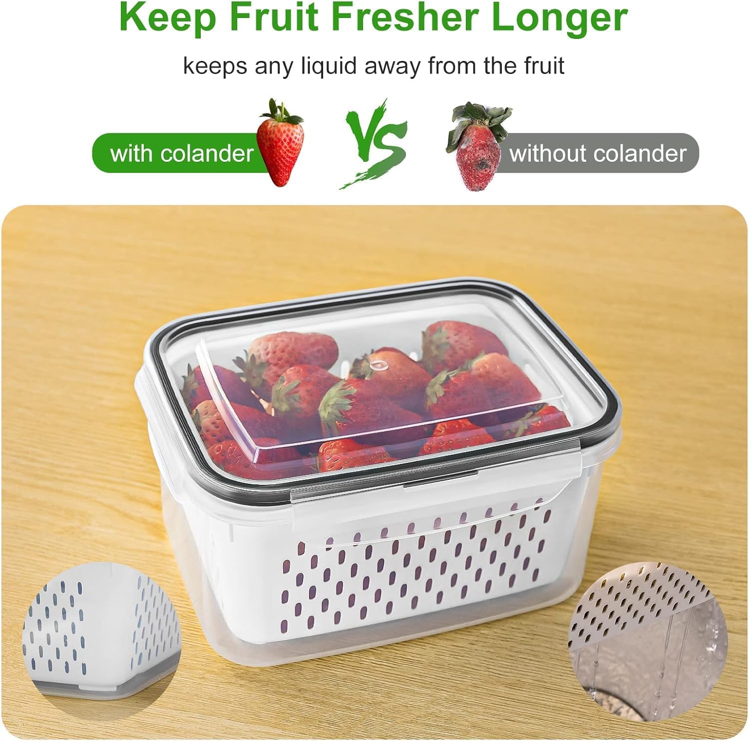6-Pack Fruit Storage Containers for Fridge with Removable Colanders, 4 in 1 Produce Containers with Lids, Leakproof Fridge Organizer for Salad Berry Lettuce Vegetables Meat