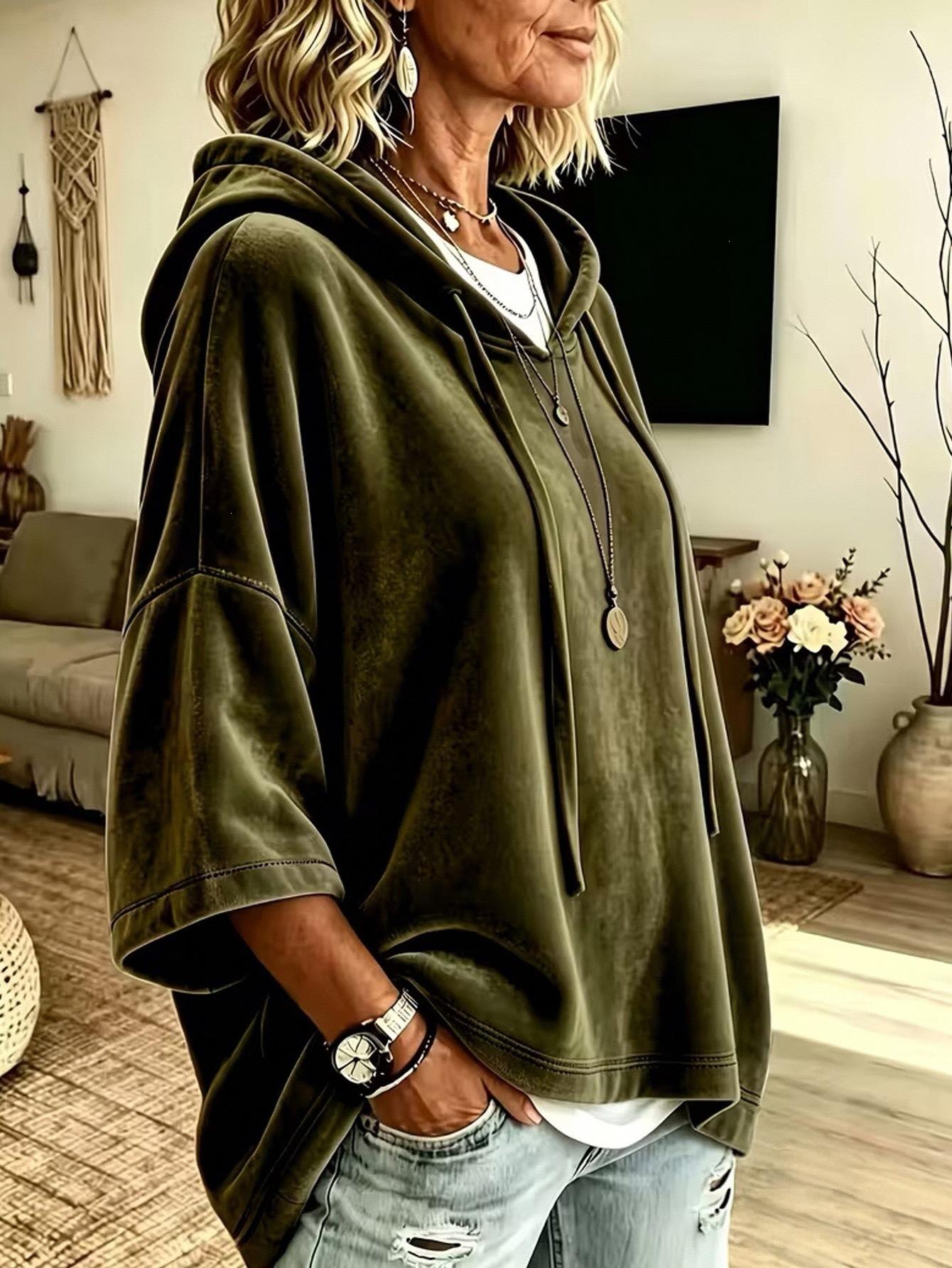 Women’s Minimalist Velour Hoodie - Loose Fit, 3/4 Sleeves, Adjustable Hood, Straight Hem, Velvet Texture, Soft Solid Color, Casual Pullover for Fall Winter Lounge & Streetwear