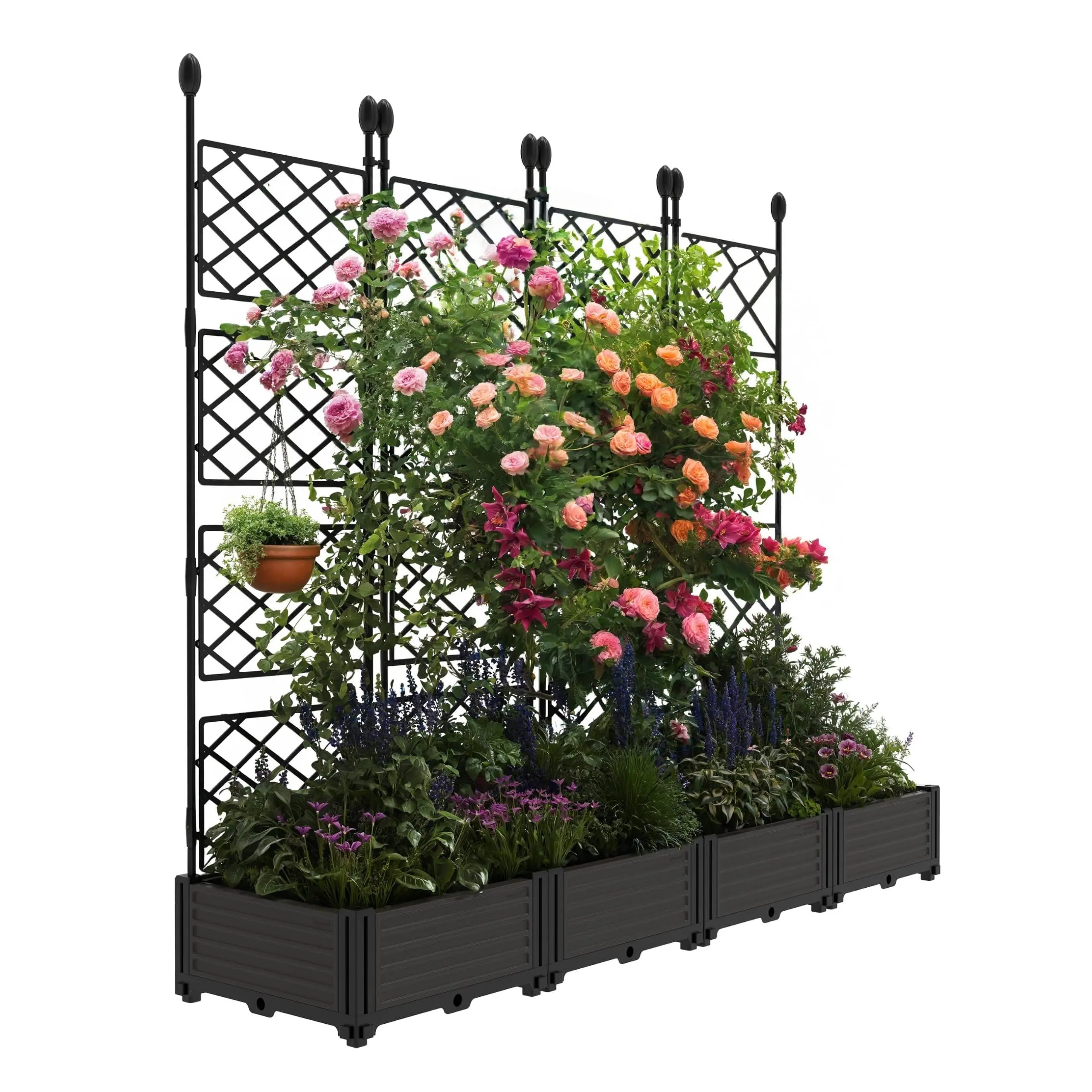 Raised Garden Bed with Trellis & Privacy Screen Plastic Planter Box for Climbing Plants, Vertical Outdoor Garden for Patio, Balcony, Backyard, Sturdy & Lightweight