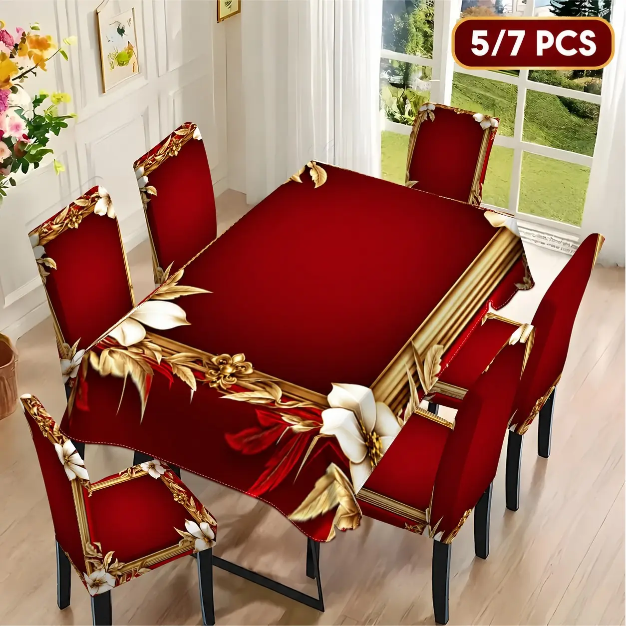 5/7Pcs Burgundy Red Gold Floral Tablecloth and Chair Covers Set, White Flower and Gold Frame Print Dining Table Cover with Stretch Full Coverage Chair Slipcovers, Stretchy Chair Covers, Washable Dining Room Decor for Home, Wedding, Party, Holiday Dinner