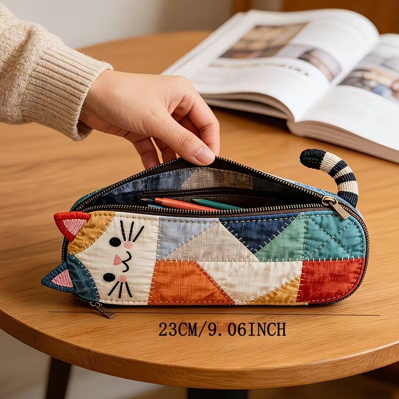 Cat Shape Patchwork Pencil Case, 3D Cat Contour Design, Portable Compact Size High Aesthetic Stationery Storage Bag Office Supplies for Student School & Office Use