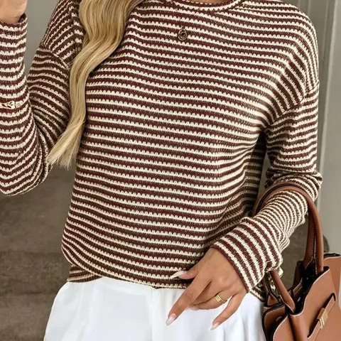 Women's Loose Fit Round Neck Long-Sleeve Knit Pullover, Color-Blocked Striped Design, Casual Fall and Winter Top for Daily Wear, Knitwear